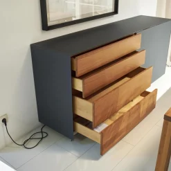 Anrichte Cubus Pure AC 297195 Kirschbaum Geölt Schiebetüre Und Abdeckplatte Glas Matt Anthrazit Füße Metall