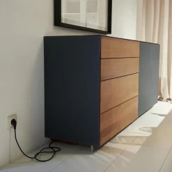 Anrichte Cubus Pure AC 297195 Kirschbaum Geölt Schiebetüre Und Abdeckplatte Glas Matt Anthrazit Füße Metall