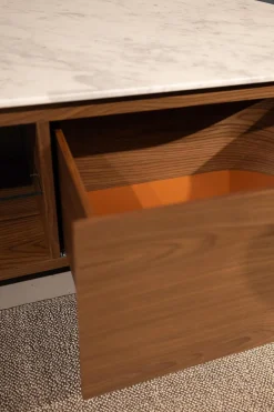 Anrichte Rondos Mamorplatte Bianco Carrara Opaco Weiß Korpus Furniert Amerikanischer Nussbaum Mit Einem Offenen Fach