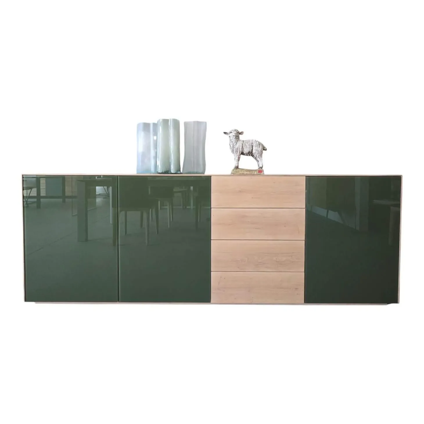 Anrichte Sideboard Farn Korpus Knorrige Eiche Puro Geölt Front Glas 6003 Olivgrün Grün Glänzend