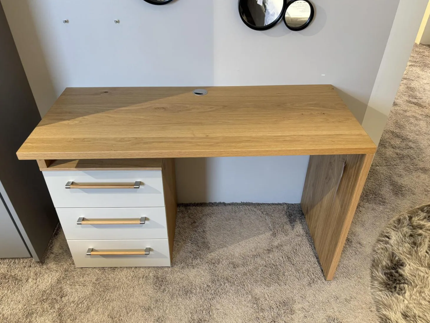 Aufsatzschreibtisch Airline 300 Platte Balkeneiche Lack Kristallgrau Matt Griff 344 Eiche