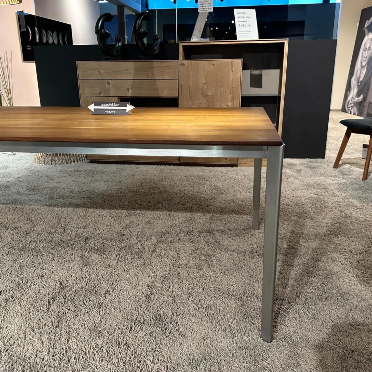 Auszugtisch Tak Platte Nussbaum Naturöl Gestell Metall Edelstahl Finish Mit Einlegeplatte