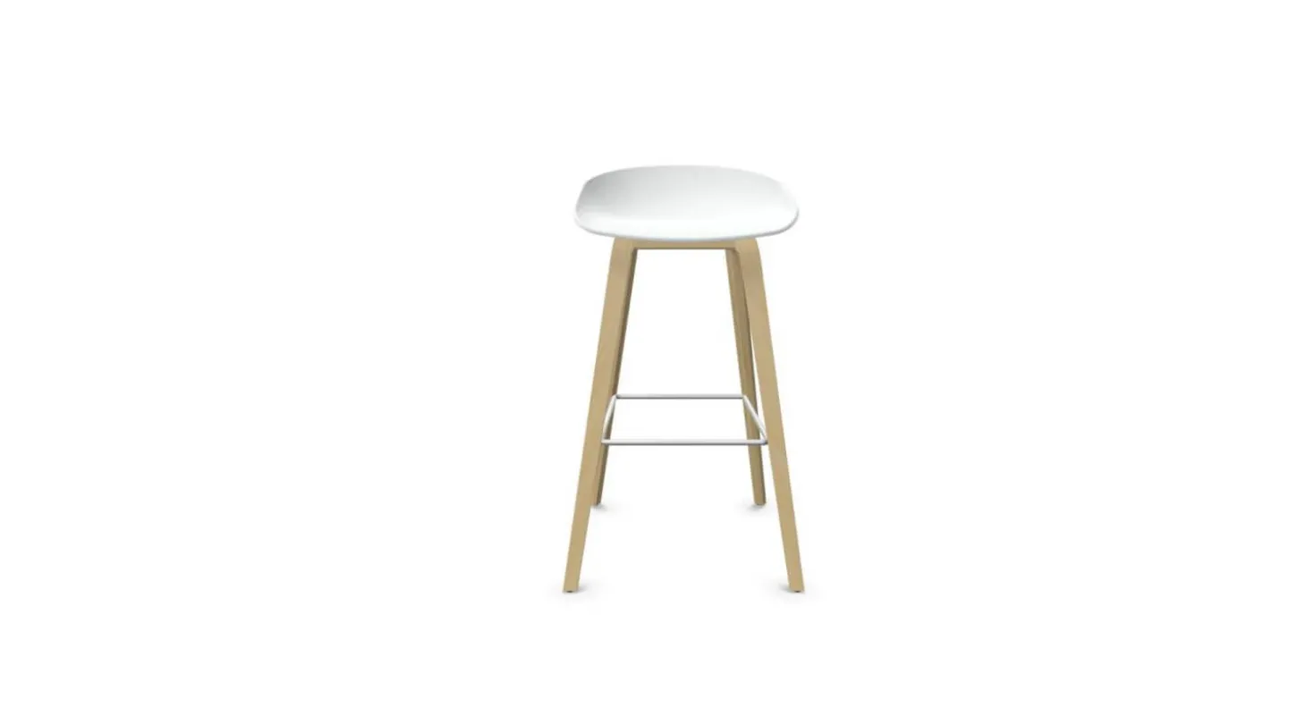 Barhocker AAS32 High Weiße Sitzschale Gestell Eiche Hell Mit Fußstütze In Aluminum