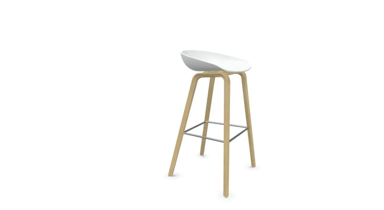 Barhocker AAS32 High Weiße Sitzschale Gestell Eiche Hell Mit Fußstütze In Aluminum