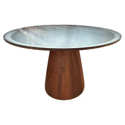 Beistelltisch Foster Rund Platte Stahl Matt Pulverbeschichtet Bronze Schwarz Säulenfuß Nussbaum Massiv Geölt