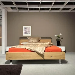 Bett Gentis Eiche Naturstamm Polsterapplikation Leder 5114 Grau Braun Mit Beleuchtung Und Fernbedienung