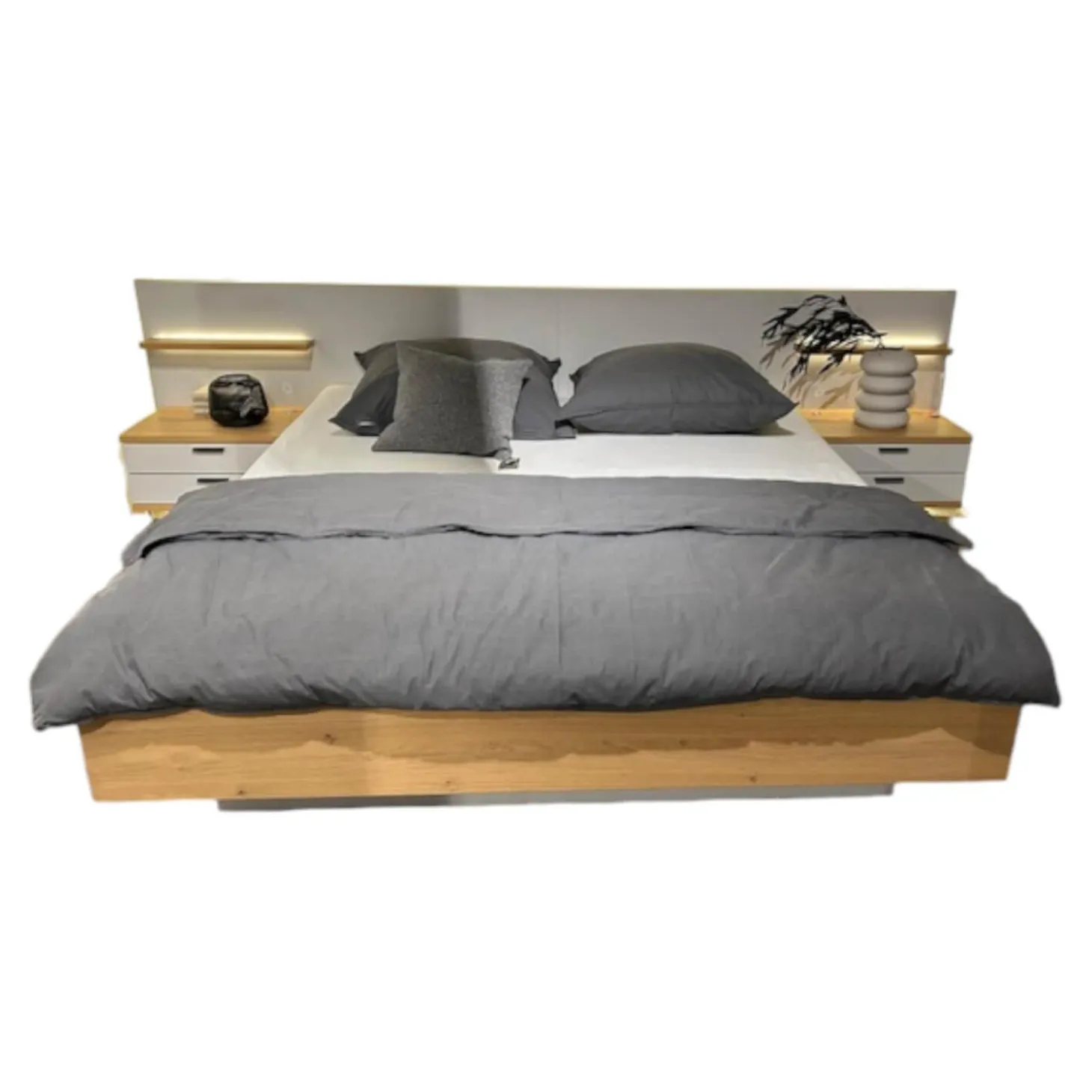 Bett Sonate Korpus Asteiche Furniert Kopfteil Lack Brillantgrau
