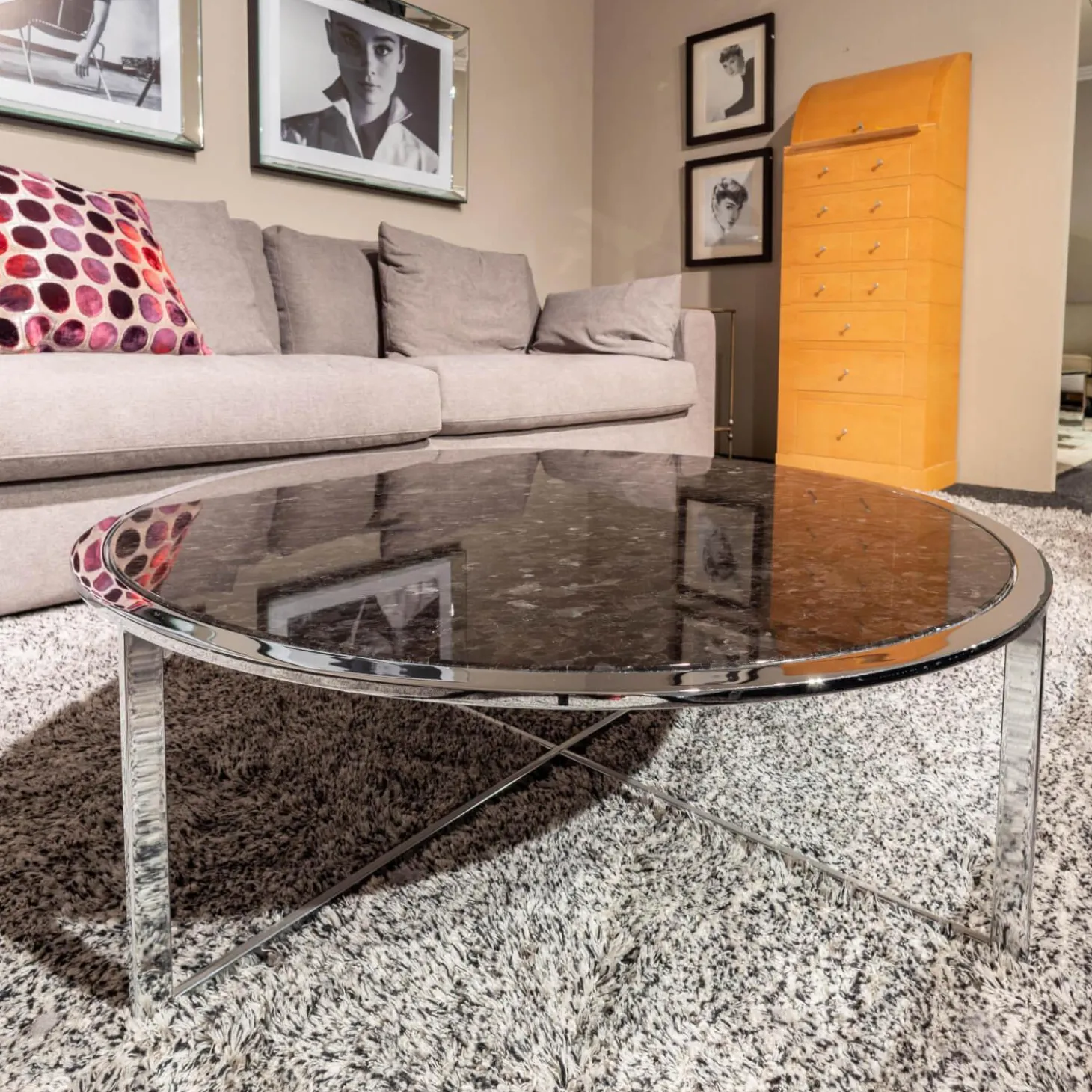 Couchtisch Charme AVK Platte Stein Braun Antico Gestell Hochglanz Chrom