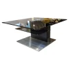 Couchtisch CT409-85 Tischplatte Glas Schwarz Säule Lack Seidenmatt Anthrazit Und Balkeneiche Massiv Gebürstet Und Geölt Fußplatte Metall Edelstahlfarbig