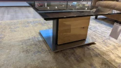 Couchtisch CT409-85 Tischplatte Glas Schwarz Säule Lack Seidenmatt Anthrazit Und Balkeneiche Massiv Gebürstet Und Geölt Fußplatte Metall Edelstahlfarbig