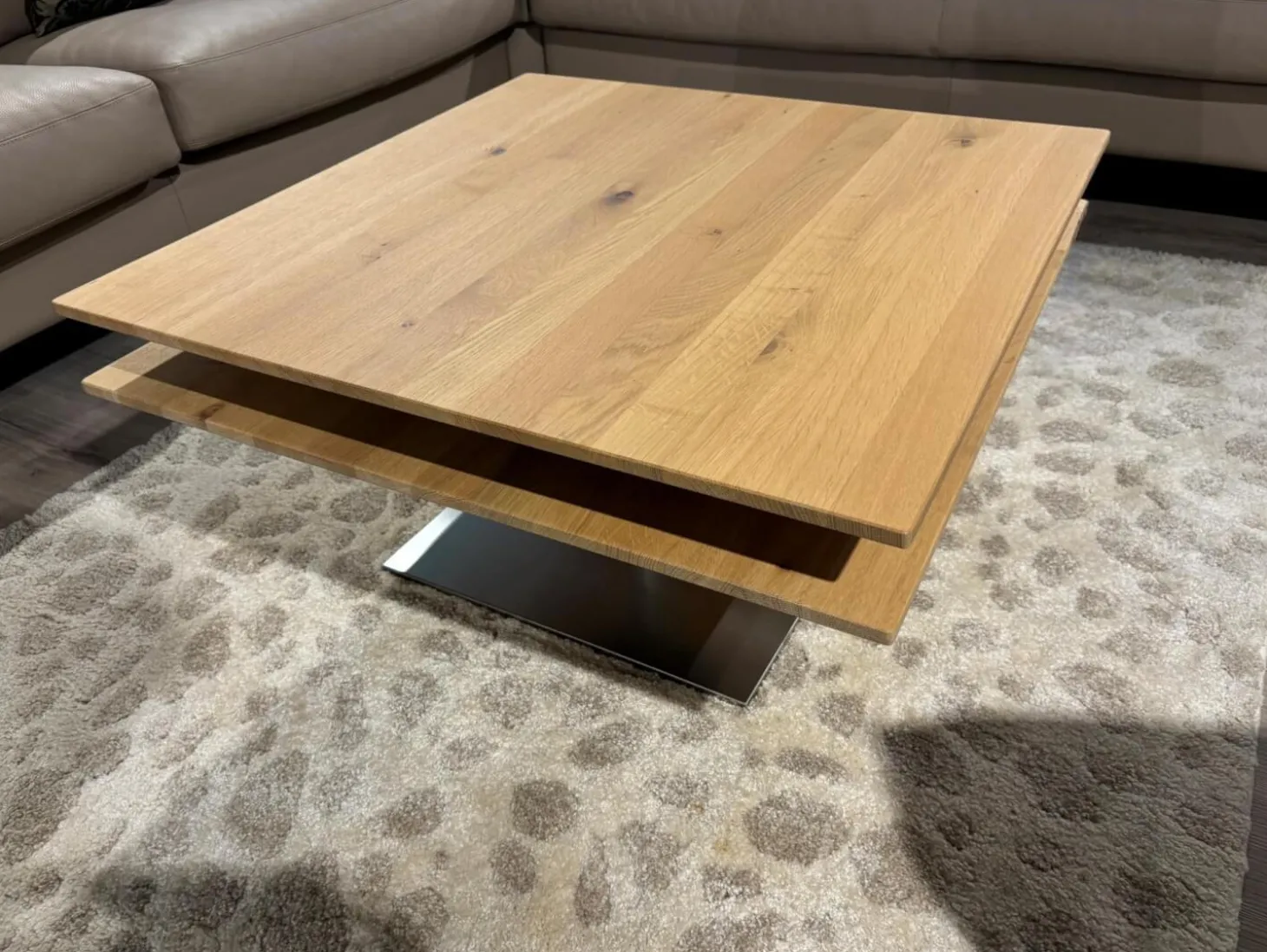 Couchtisch H 509 Evita Tischplatte Massivholz Wildeiche Bianco Geölt Drehbar Und Ausfahrbar Gestell Edelstahl