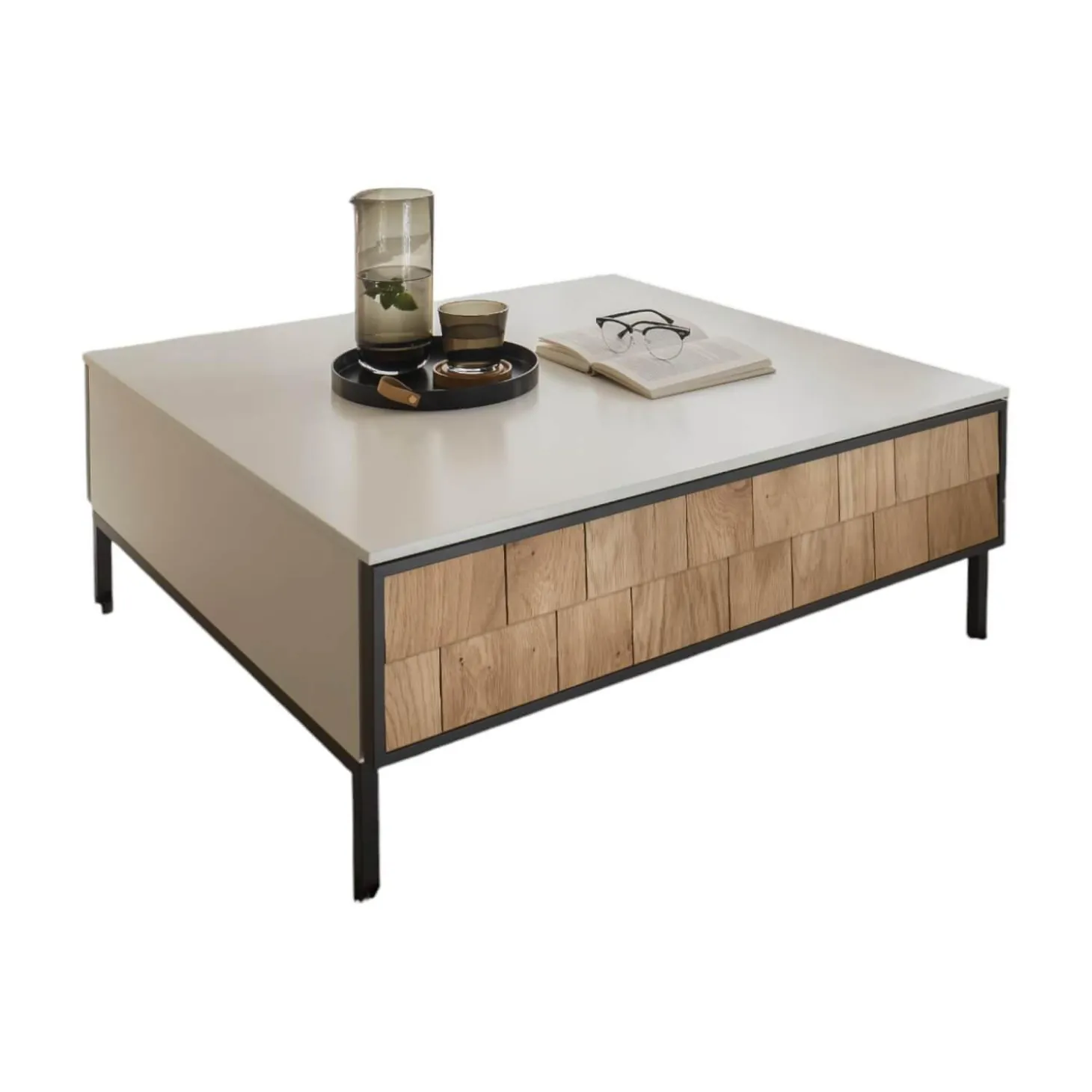 Couchtisch Legno Bianco KS24 Noto Lack Bianco Weiß Matt Absetzung Eiche Massiv Schindeloptik