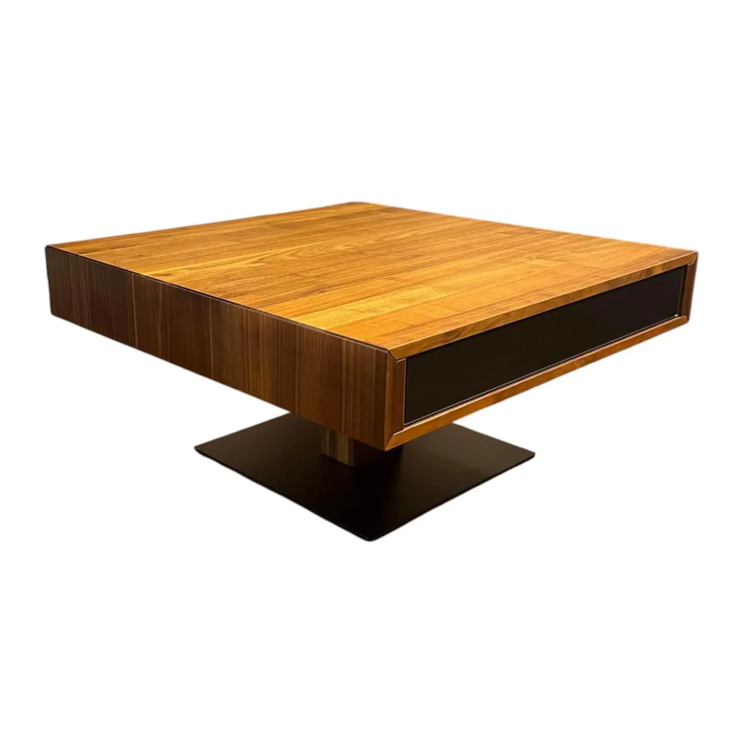 Couchtisch Lift Platte Nussbaum Geölt Bodenplatte Stahl Schwarz Matt Front Farbglas Schwarz