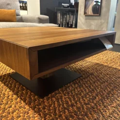 Couchtisch Lift Platte Nussbaum Geölt Bodenplatte Stahl Schwarz Matt Front Farbglas Schwarz