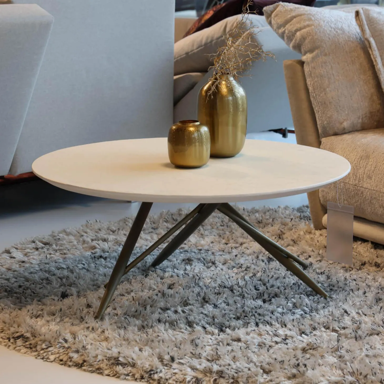 Couchtisch Ohlinda Type J 118 L Rund WS White Stone Weiß Gestell Gold Lackiert