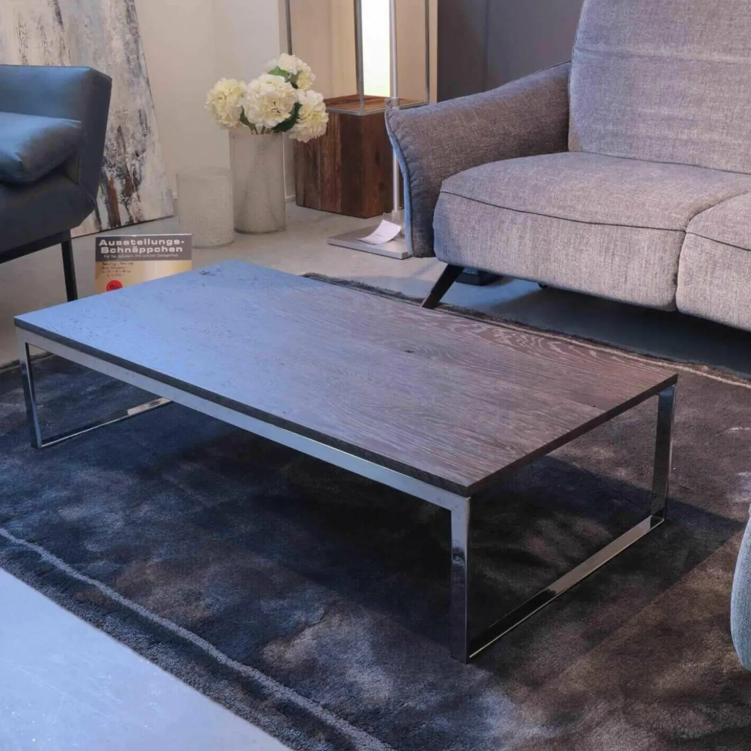 Couchtisch Patin Eiche Meteor Grau Lackiert Gestell Verchromt Glänzend