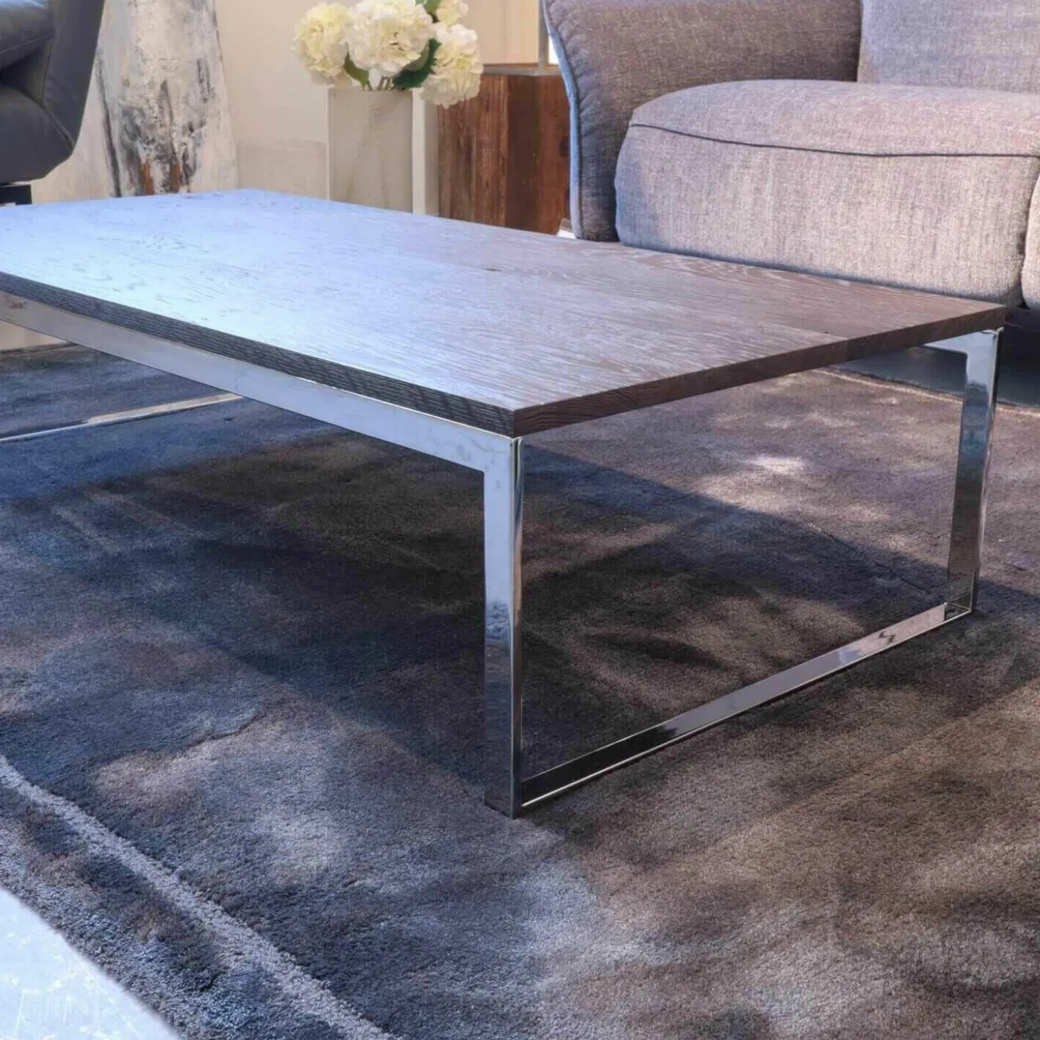 Couchtisch Patin Eiche Meteor Grau Lackiert Gestell Verchromt Glänzend