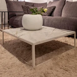 Couchtisch SC 54 Steinplatte Calacatta Verde Leder Optik Gestell Pulverbeschichtet Verkehrsweiß