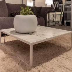Couchtisch SC 54 Steinplatte Calacatta Verde Leder Optik Gestell Pulverbeschichtet Verkehrsweiß