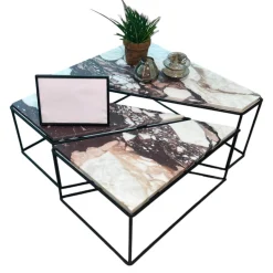 Couchtisch Split Platte Stein Calacatta Veneto Braun Beige Weiß Grau Gestell Metall Schwarz Pulverbeschichtet