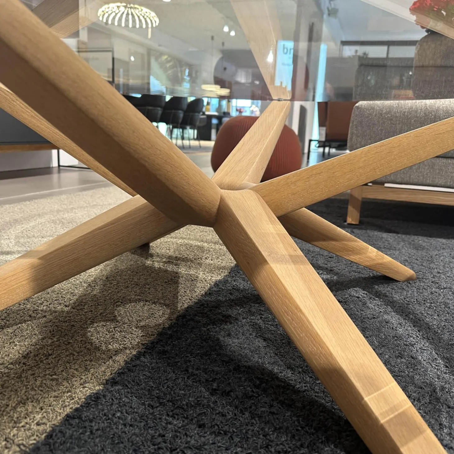 Couchtisch Stern Platte Klarglas Gestell Eiche Weißöl