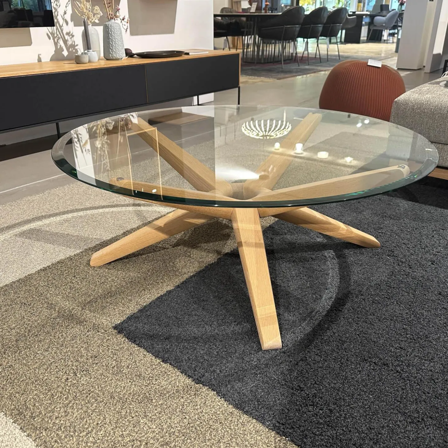 Couchtisch Stern Platte Klarglas Gestell Eiche Weißöl