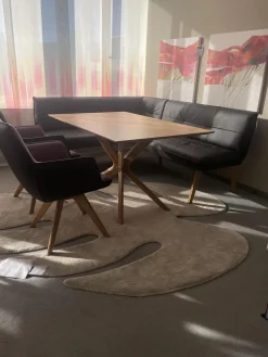 Eckbankgruppe Innen Leder Schwarz Außen Filz Anthrazit Gestell Eiche Natur Inklusive Tisch Und Stühle