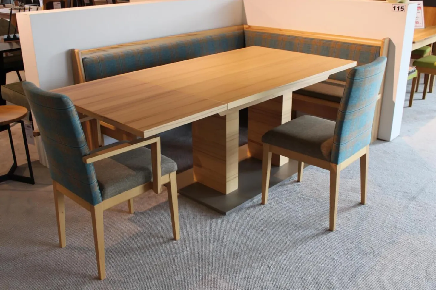 Eckbankgruppe Stoff Happ Uni Beige Karo Türkis Kernbuche Natur Tisch 2 Stühle Eckbank