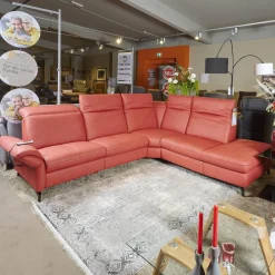 Eckgarnitur Luna Bezug Leder Kevin Cherry Fuß Schwarz Matt Mit Elektrischer Verstellung