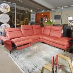 Eckgarnitur Luna Bezug Leder Kevin Cherry Fuß Schwarz Matt Mit Elektrischer Verstellung