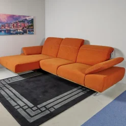 Ecksofa 4300 Stoff Vincent Soft Terra Orange Sichtrahmen Wildeiche Geölt Fuß Metallkufe Edelstahlfarbig Mit Hocker