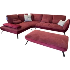 Ecksofa 80007 Webstoff Paris Chianti Rot Und Samtstoff Rivera Aubergine Violett Fuß Metall Schwarz Inklusive Hocker Und Verstellung