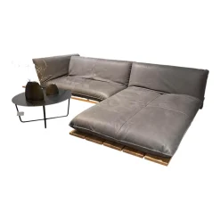 Ecksofa Akito Leder Oasis 2100 Elefant 63 Grau Plateau Wildeiche Öl Winkelstahlfuß Schwarz Pulverbeschichtet