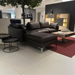 Ecksofa Alba System M Leder 5669 0020 Lama Braun Winkelfuß Verchromt Glänzend Mit Kopfstützenbügel