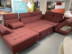 Ecksofa Alicante Stoff Portofino Bordeaux Rot Füße Metall Chrom Mit Schlaffunktion Und Nierenkissen