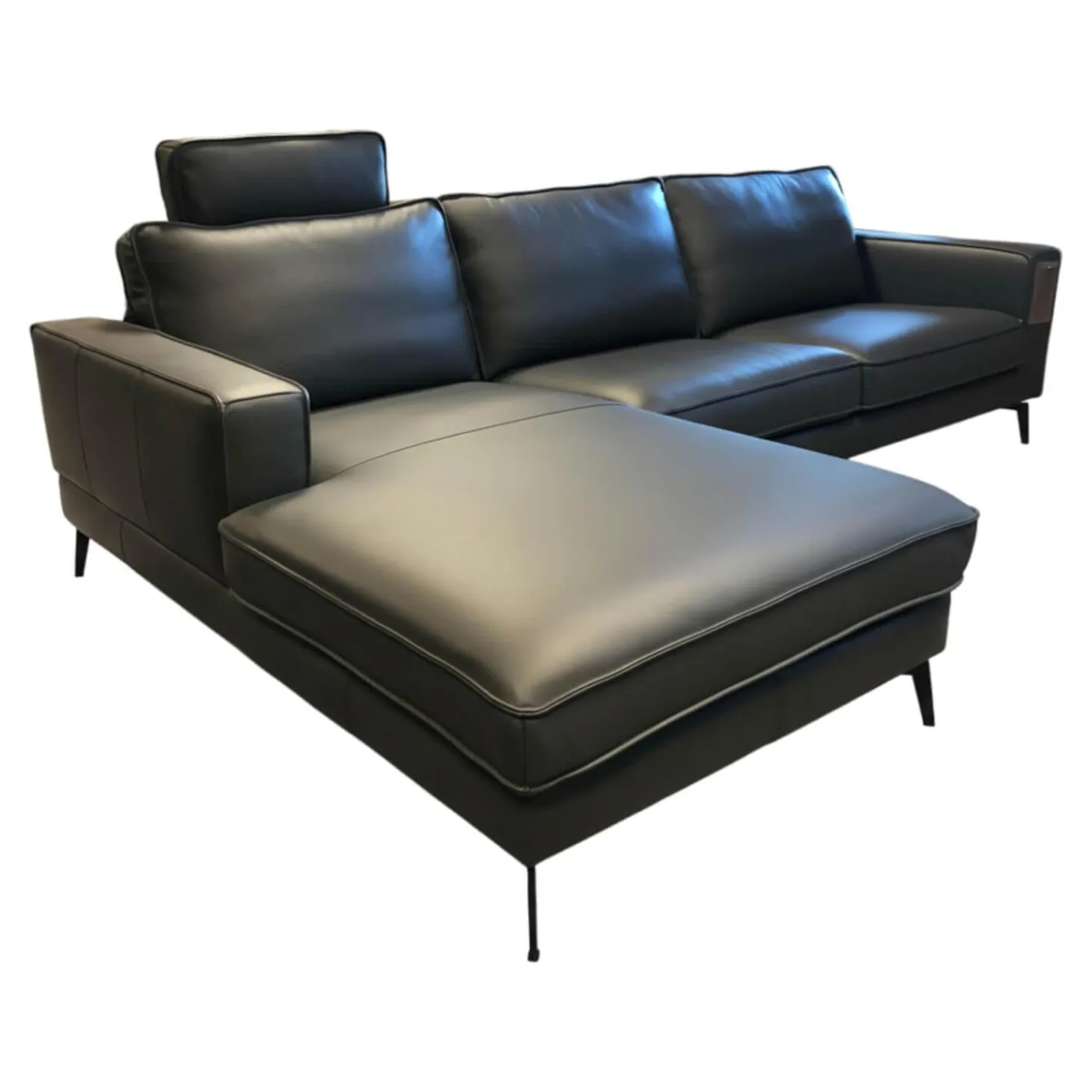 Ecksofa Beluga Leder WM Anthrazit Metallfüße Schwarz mit Kopfstütze