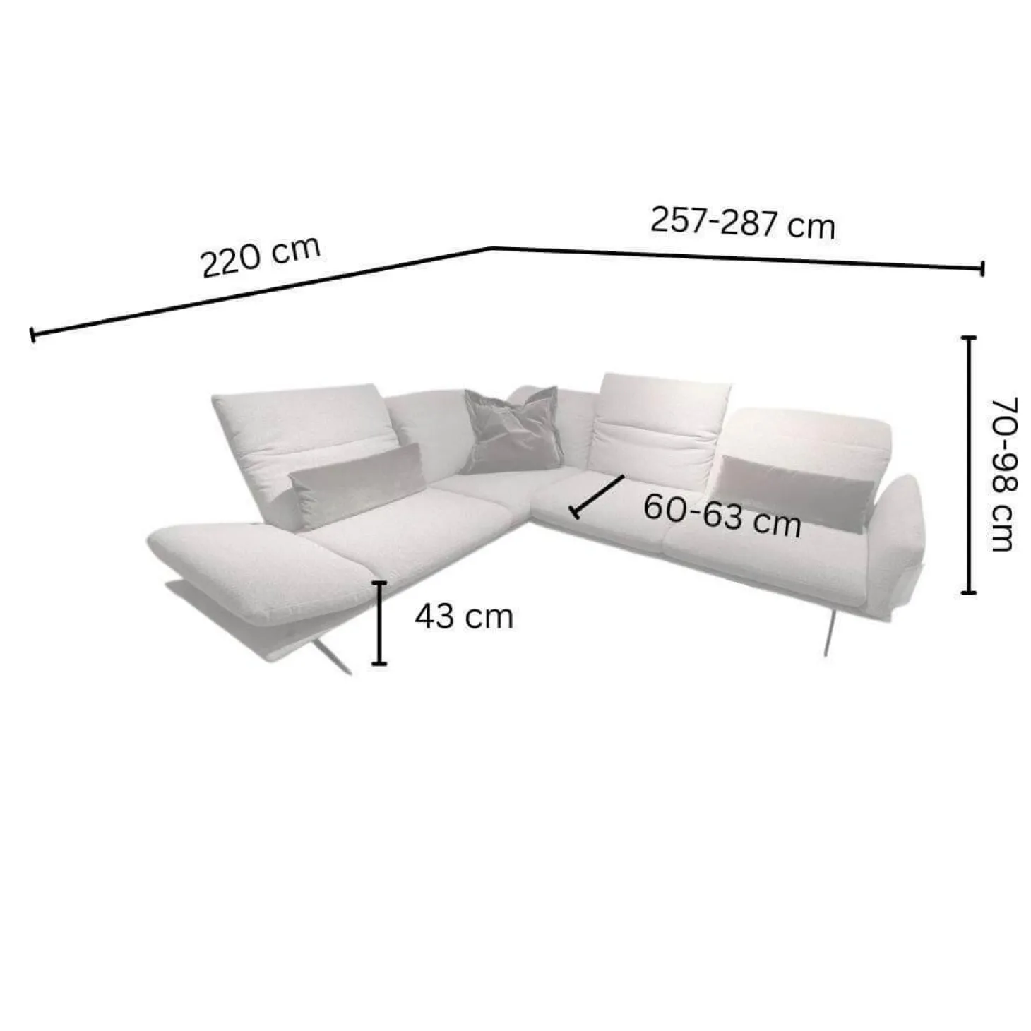 Ecksofa Calmo Stoff 13 Cosmo 97 Grau Metallkufen Schwarz Matt Mit Fußteilverstellung Und Kopfteilverstellung Inklusive 3 Kissen