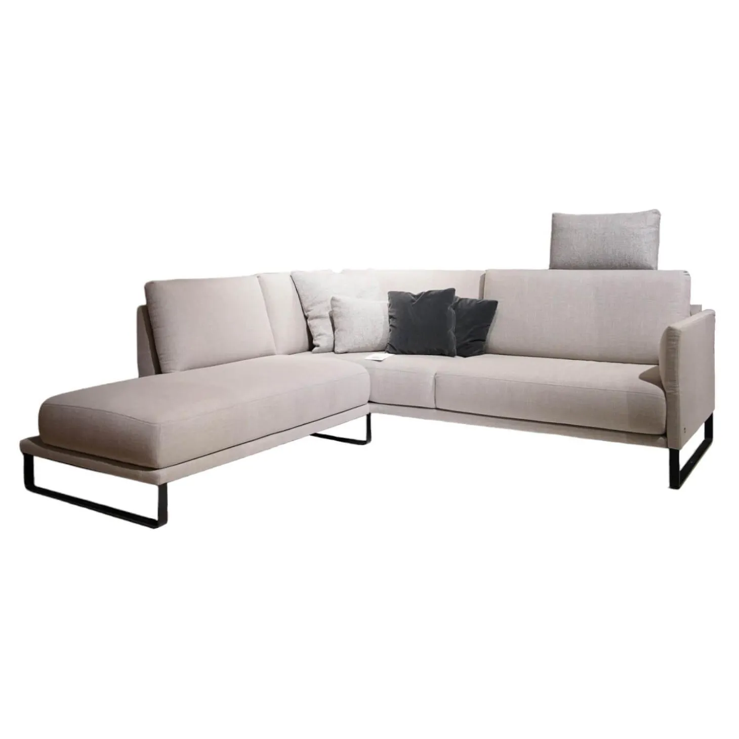 Ecksofa Cara Bezug Stoff 14.162 Steingrau Fuß Kufe Stahl Schwarz Ablage Eiche Furniert Mit Verstellbarem Rücken