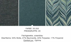 Ecksofa Cara Stoff 20.253 Ozeanblau Füße Umbragrau mit Kissen