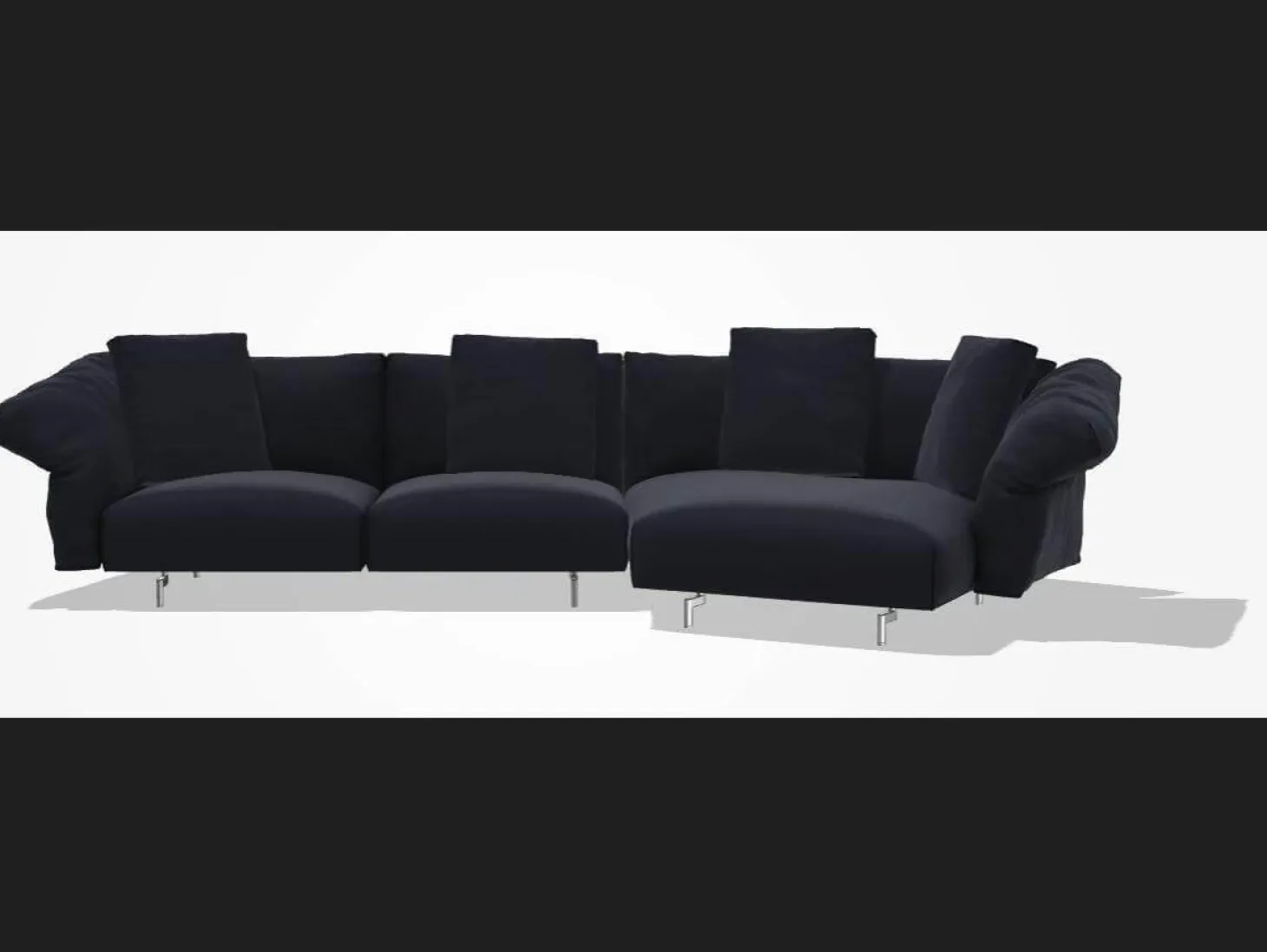 Ecksofa Dambo Stoff Serra 850 Blau Navy Füße Glanzpoliert mit 4 Kissen