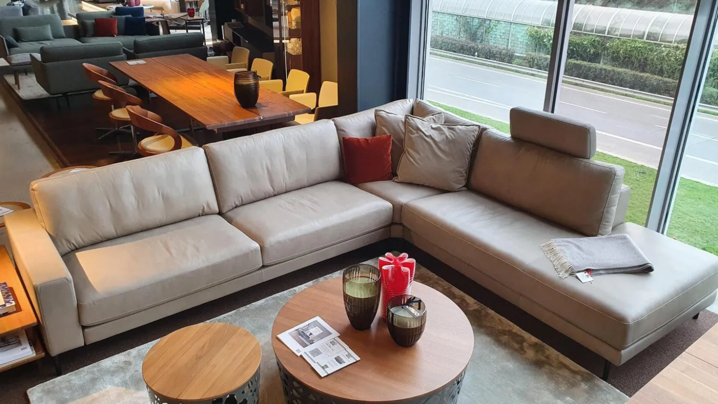 Ecksofa Ego Leder Stone Grey mit Nackenrolle