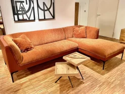 Ecksofa Frej Stoff Chenille Und Echtleder Cognac Orange Braun Winkelfüße Metall Schwarz