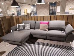 Ecksofa Gotera Stoff Twice Dark Grey Grau Füße Chrom Glänzend Mit Teilmotorischer Schlaffunktion