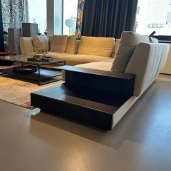 Ecksofa Grand Suite Stoff Lino 7706 Pearl Grau Beige Ablage Leder Saddle Coffee Braun