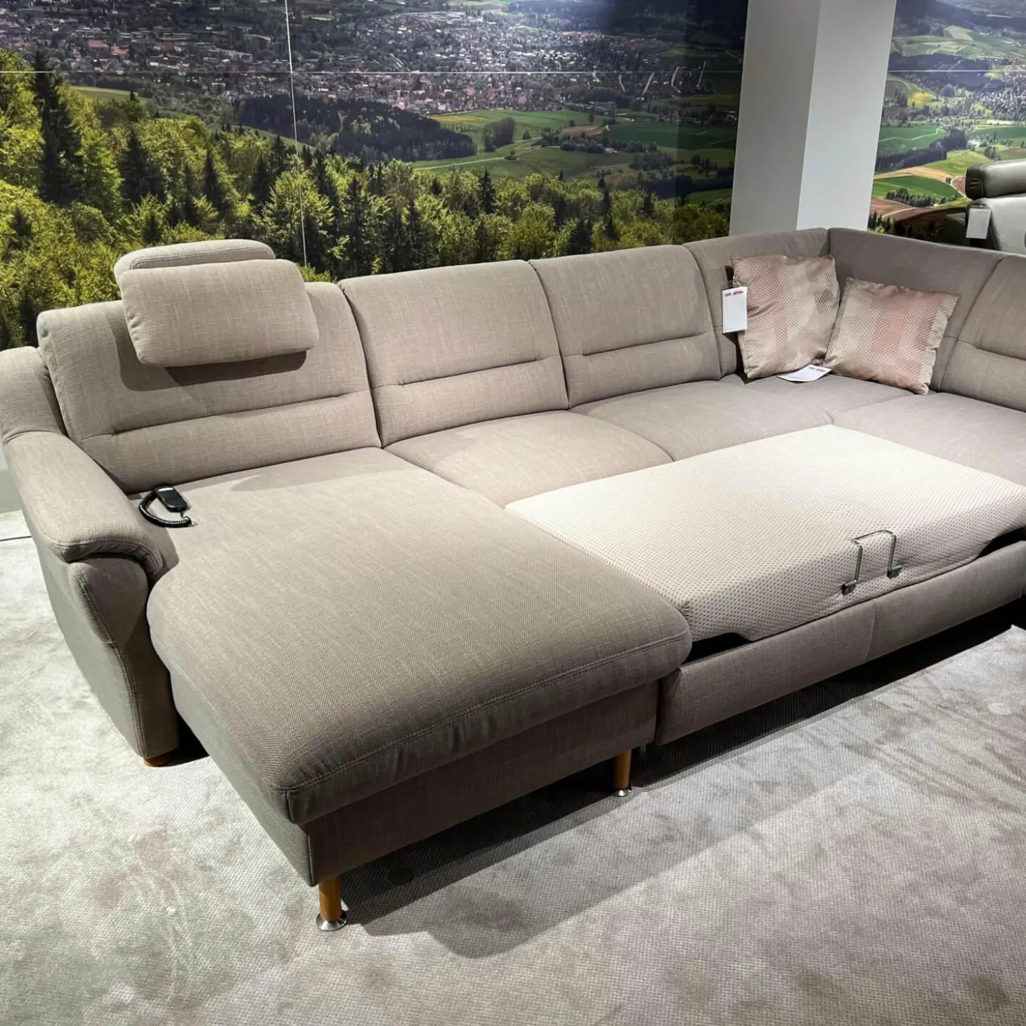 Ecksofa Larus Stoff Fabiola Desert Grau Creme Gestell Stahl Füße Holz Lackiert Inklusive Elektrischer Liegefunktion 2 Kopfstützen Und 2 Kissen