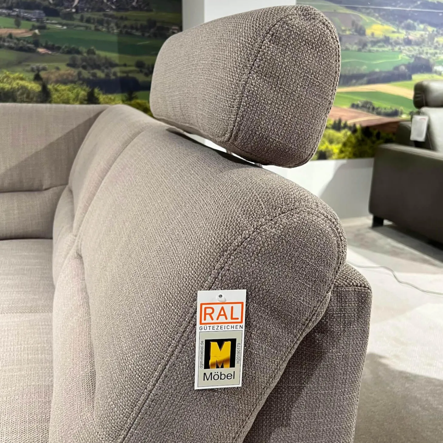 Ecksofa Larus Stoff Fabiola Desert Grau Creme Gestell Stahl Füße Holz Lackiert Inklusive Elektrischer Liegefunktion 2 Kopfstützen Und 2 Kissen