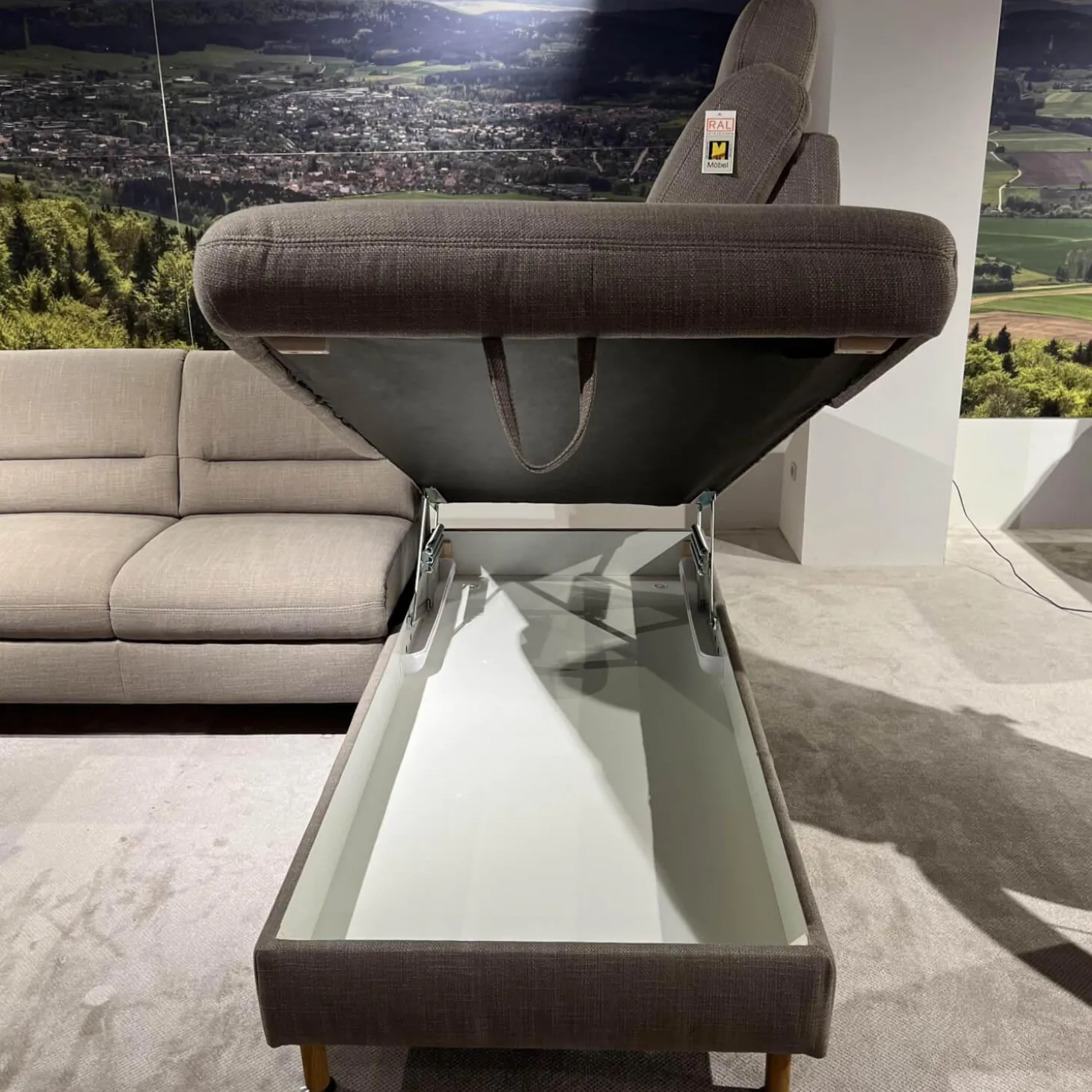 Ecksofa Larus Stoff Fabiola Desert Grau Creme Gestell Stahl Füße Holz Lackiert Inklusive Elektrischer Liegefunktion 2 Kopfstützen Und 2 Kissen