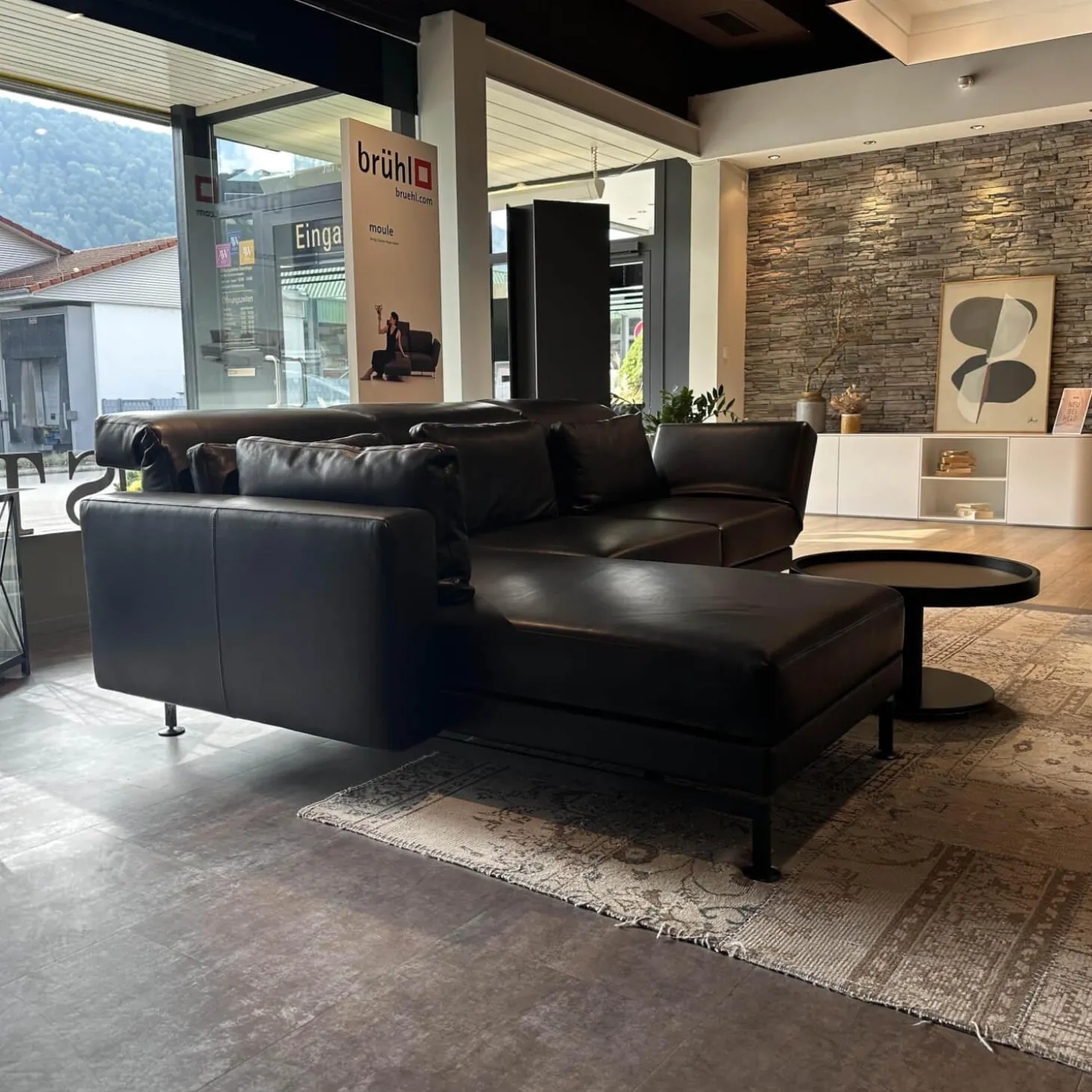 Ecksofa Moule Medium Leder 5669 0010 Schwarz Fuß Kufe Schwarz Pulverbeschichtet Mit Kissen