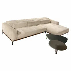 Ecksofa Oscar Stoff 2 Ollin 101 Hellgrau Beige Sockel Metall Schwarz Lackiert Füße Chrom Gold