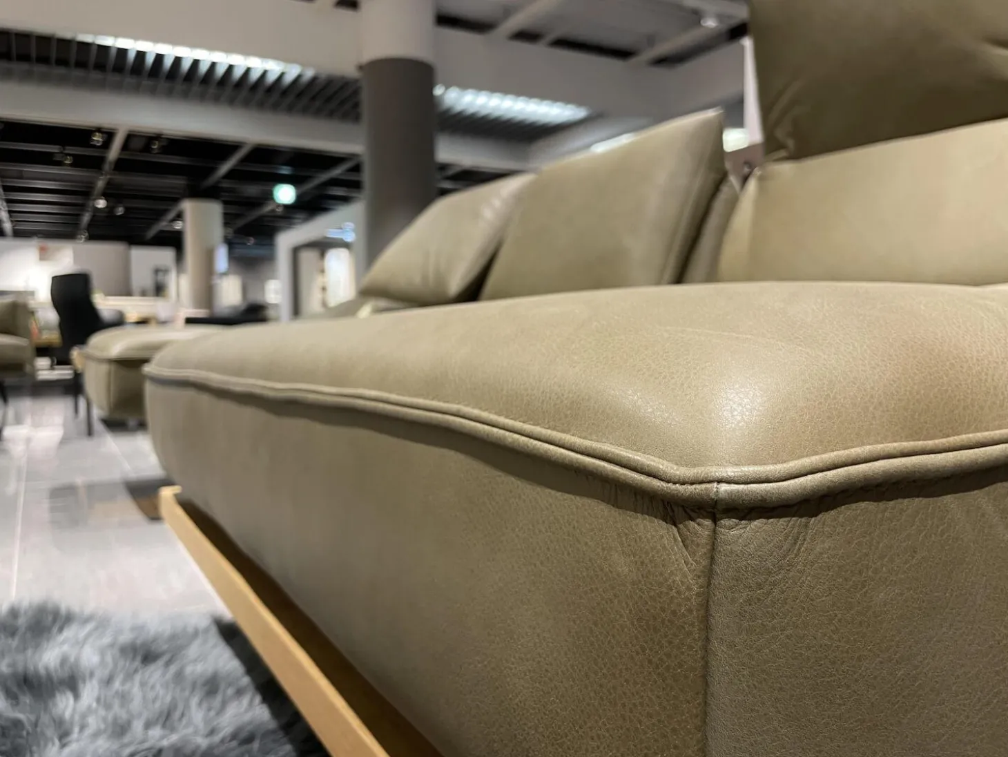 Ecksofa Phoenix Leder B Toro Cactus Grün Plateau Wildeiche Furniert Gestell Aluminium Schwertkufe